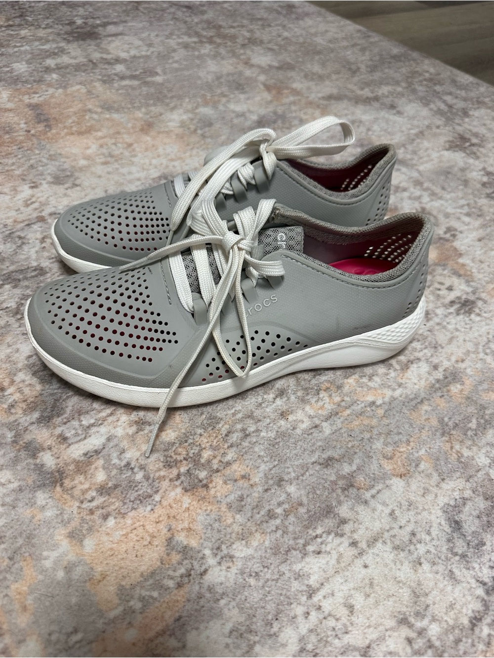 CROCS Gray Perforated Lace-Up Sneakers with Pink Interior
